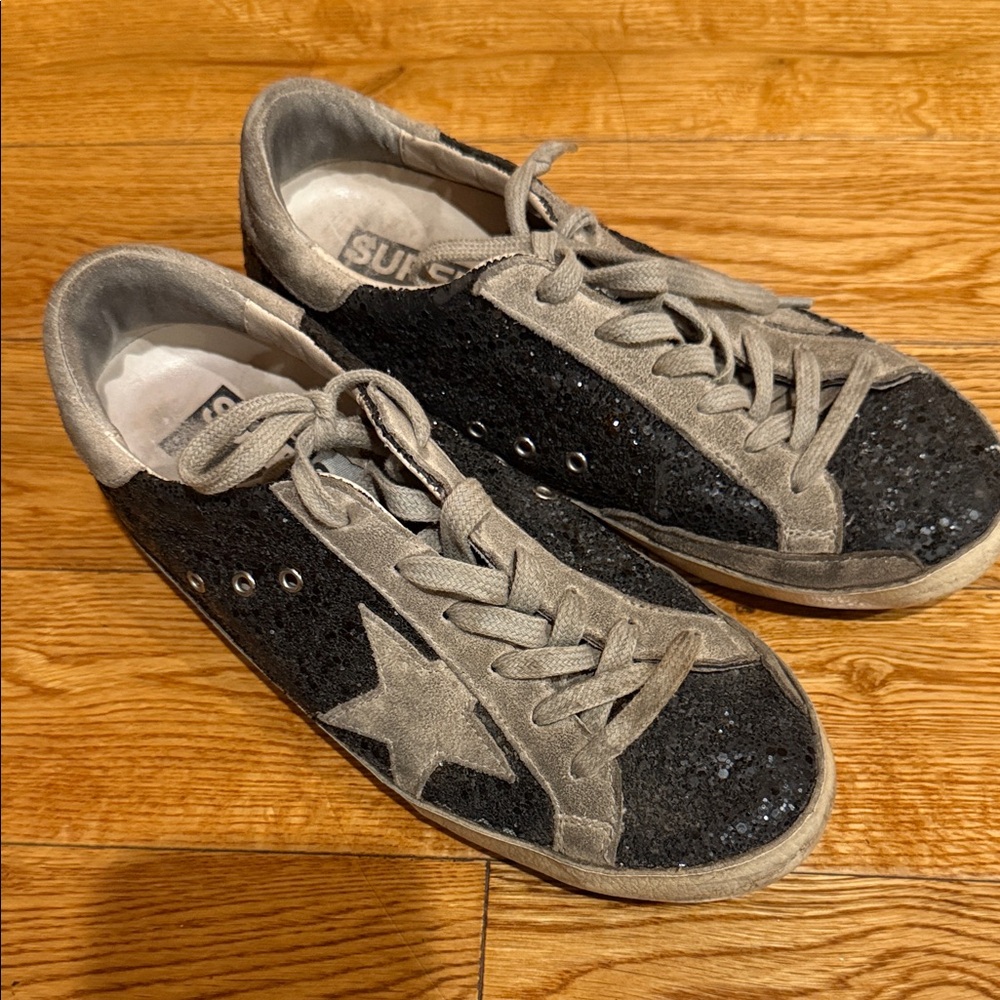 Golden goose super star Black Sequin Star Sneakers with Gray Suede Trim 37